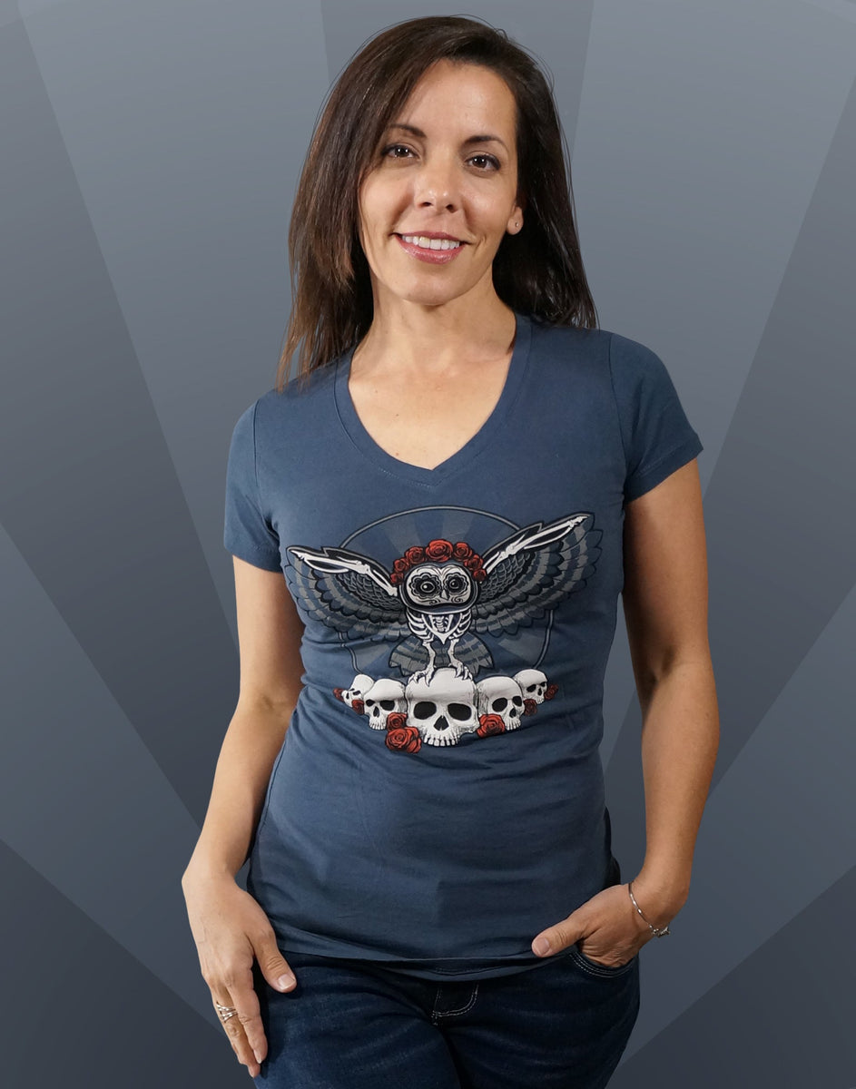 Dia De Los Muertos Owl Junior Women's Fitted VNeck (New Fit) Nite
