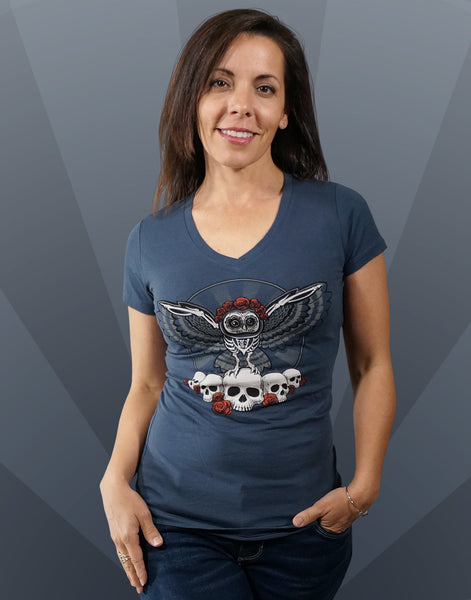 Dia De Los Muertos Owl Junior Women's Fitted V-Neck (New Fit)