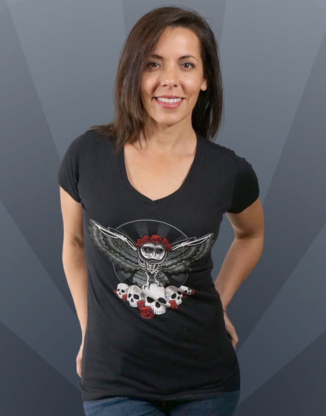Dia De Los Muertos Owl Junior Women's Fitted V-Neck